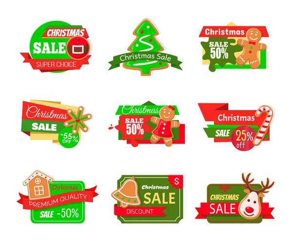 Étiquettes de vente de Noël Pin Tree Gingerbread Cookie — Image vectorielle