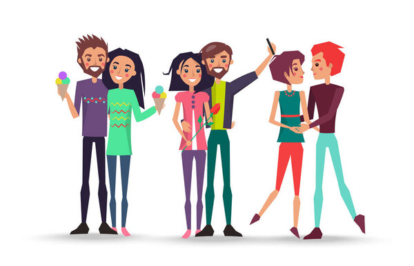 Portrait of Three Lovely Young Couples on White