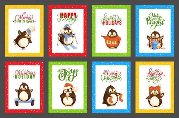Feliz Navidad pingüinos divertirse, tarjetas de vectores — Vector de stock