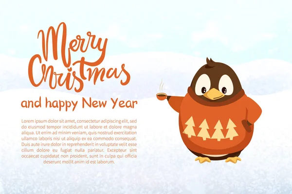 Navidad y Año Nuevo, Pingüino con taza de café — Vector de stock