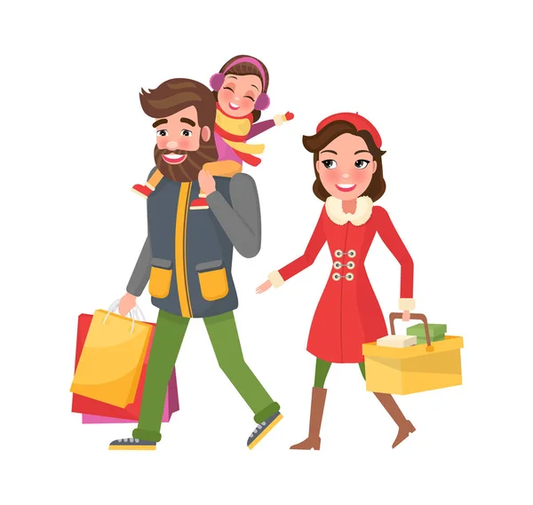 Papa und Mama mit Taschen oder Päckchen, Weihnachtsgeschenke für den Urlaub — Stockvektor