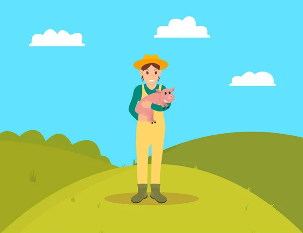 Agricoltore con Piglet on Hill Illustrazione vettoriale — Vettoriale Stock