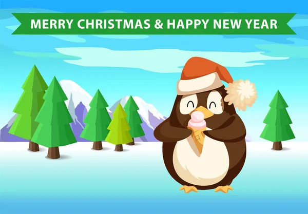 Pingwin w lesie z lodami, baner Narodzenie — Wektor stockowy