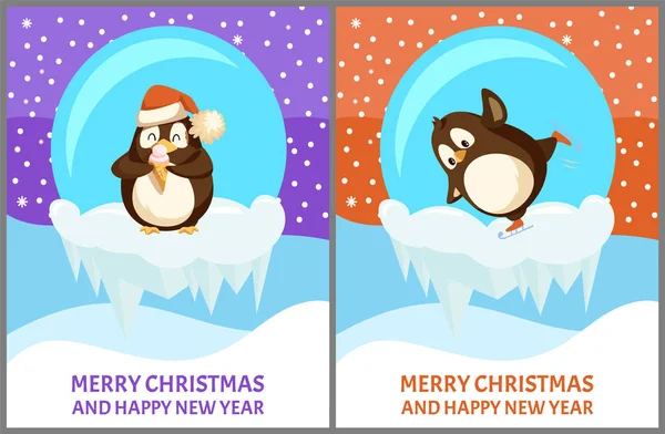 Conjunto de Papercard de Snow-Globe con Vector de Pingüino — Vector de stock