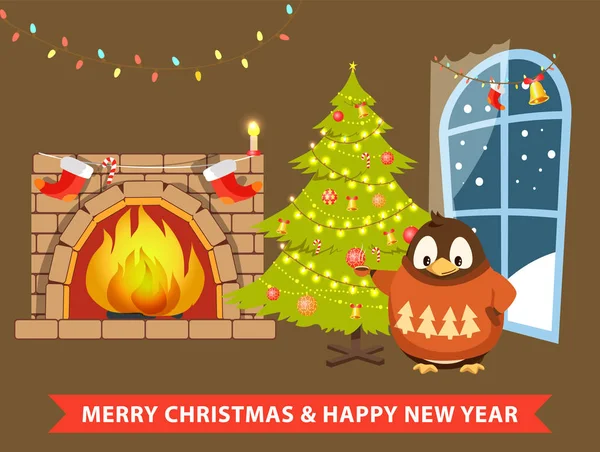 Καλά Χριστούγεννα Και Ευτυχισμένο Νέο Έτος Αφίσα Πιγκουίνο Στο Σπίτι — Διανυσματικό Αρχείο