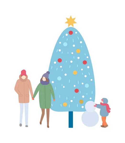 Ağaç ve kardan adam vektör ile kış aile görüntü — Stok Vektör