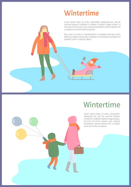Χειμερινές αποδράσεις σεζόν των μητέρων και των παιδιών — Διανυσματικό Αρχείο