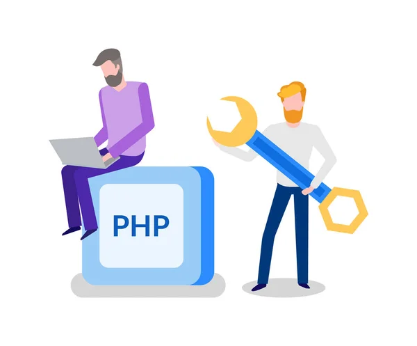 Banner PHP Dois homens de trabalho com chave-inglesa Vector — Vetor de Stock