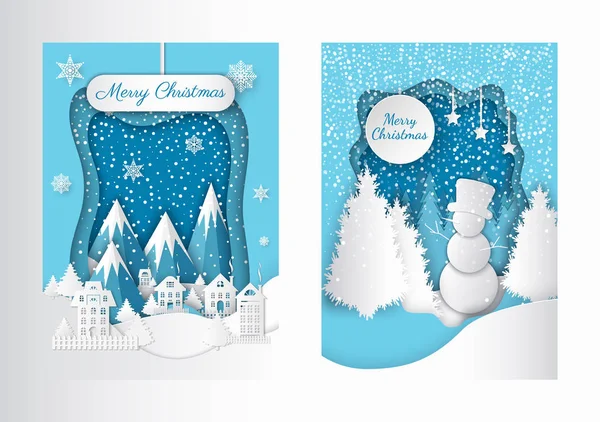 Feliz Natal papel cortado cartão de saudação, inverno — Vetor de Stock