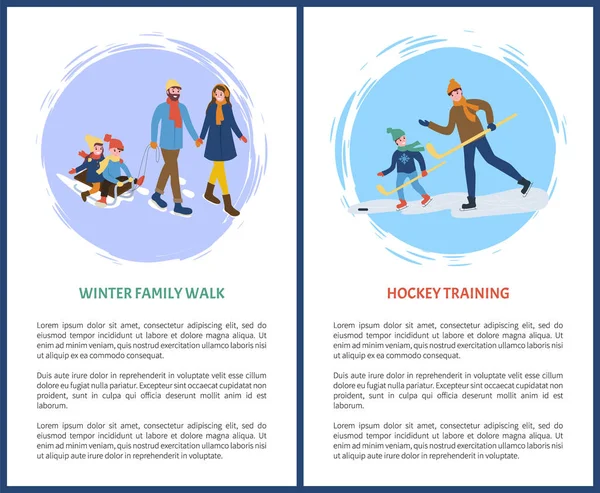 Hockeytraining und Winterspaziergänge mit Kindern — Stockvektor