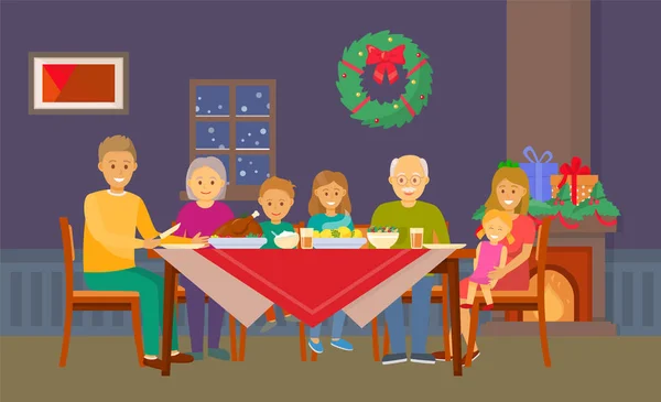 Dîner de famille de Noël Les gens mangent de la nourriture dans la chambre — Image vectorielle