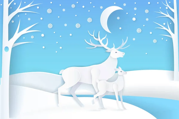 Deer and Fawn in Snowy Forest at Night Vector