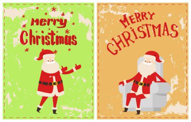 Neşeli Noel Noel Baba rahat beyaz koltuk, çizgi film karakteri sopa grunge üstünde oturuyor. Yazı ve kar taneleri ile vektör tebrik kartı