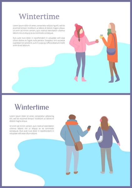 Set van kaarten, vrienden wandelen in winter Vector — Stockvector