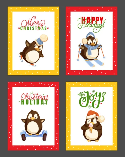 Feliz Navidad Felices Fiestas de Invierno Pingüinos — Vector de stock