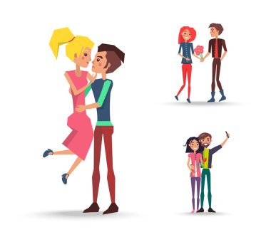 Neşeli güzel çifti ile üzerine beyaz izole çiçek