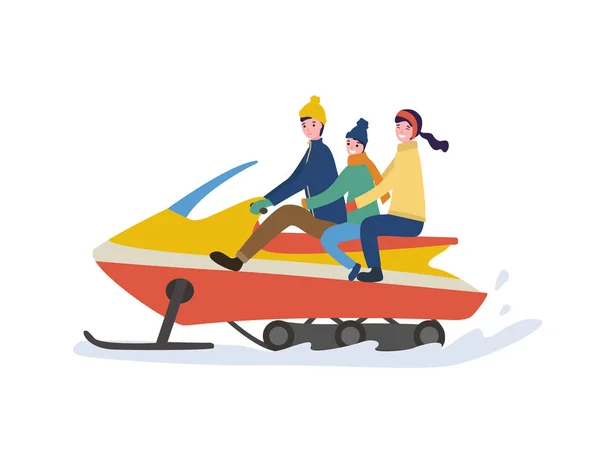 Familia invierno montar al aire libre en moto de nieve Vector — Vector de stock