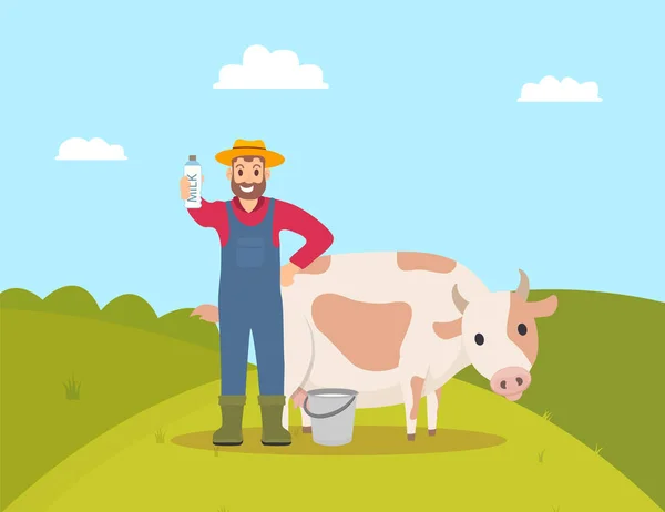Agricultor com Ilustração de Vetor de Produto Láctea —  Vetores de Stock