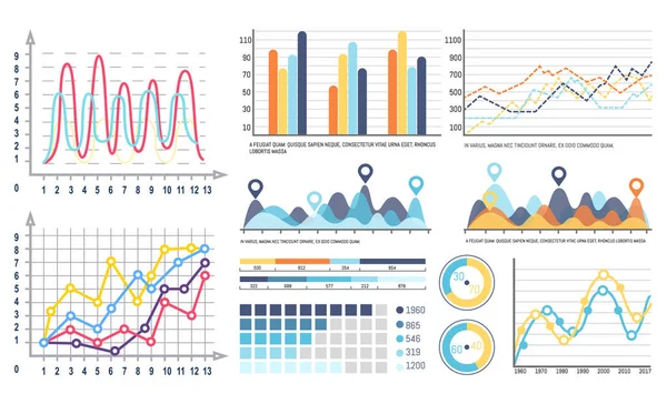 Diagramas de torta de infográficos e curvas com segmentos — Vetor de Stock