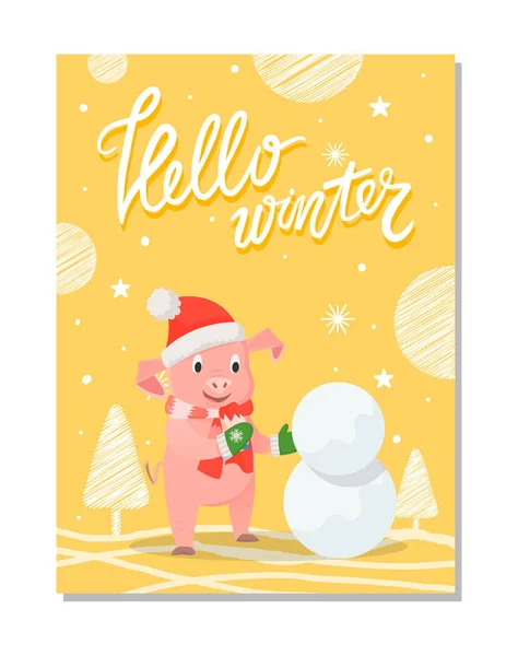 Hello Téli poszter disznó vörös kalapot, és kötött sál — Stock Vector