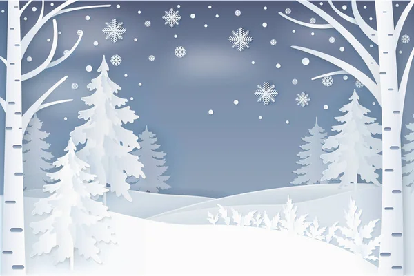 Forêt avec flocons de neige et collines au vecteur de nuit — Image vectorielle