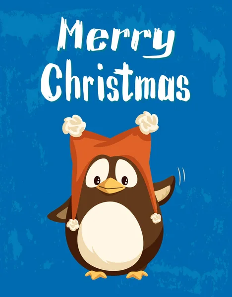Boldog karácsonyt köszöntő, vicces kalap pingvin — Stock Vector