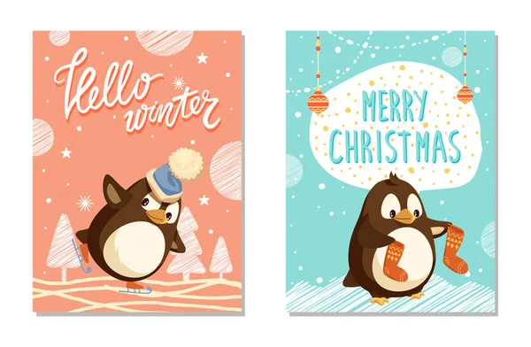 Hallo Winter en Merry Xmas Penguins Vector-kaart — Stockvector