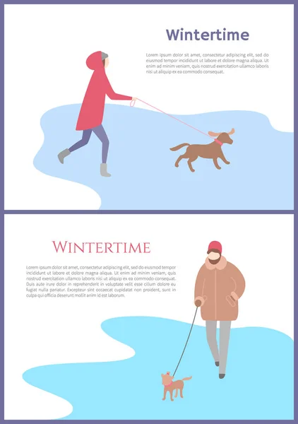 Set of Walking in Wintertime Woman with Dog Vector — Stock Vector