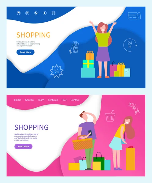 Shopping Page Web Personnes Shopaholic and Line Art — Image vectorielle