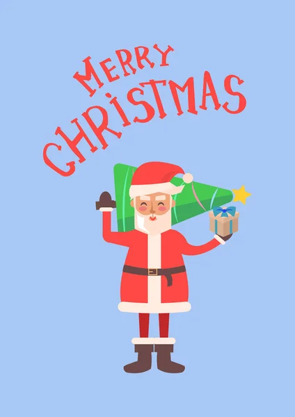Joyeux Noël, le Père Noël tient l'épinette à feuilles persistantes — Image vectorielle
