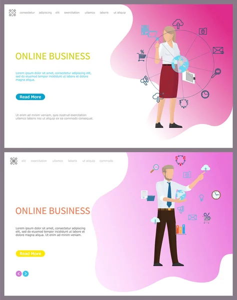 Les gens d'affaires en ligne qui travaillent avec Global Network — Image vectorielle
