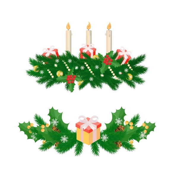 有三支燃烧蜡烛的圣诞装饰 — 图库矢量图片