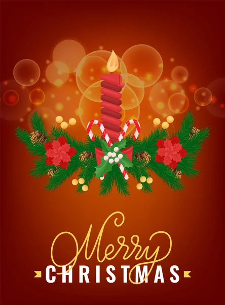 メリー クリスマス グリーティング カード スプルースの枝のキャンドル — ストックベクタ