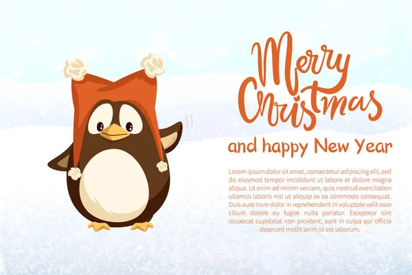 Feliz Navidad y Feliz Año Nuevo, Pingüino en Sombrero — Vector de stock