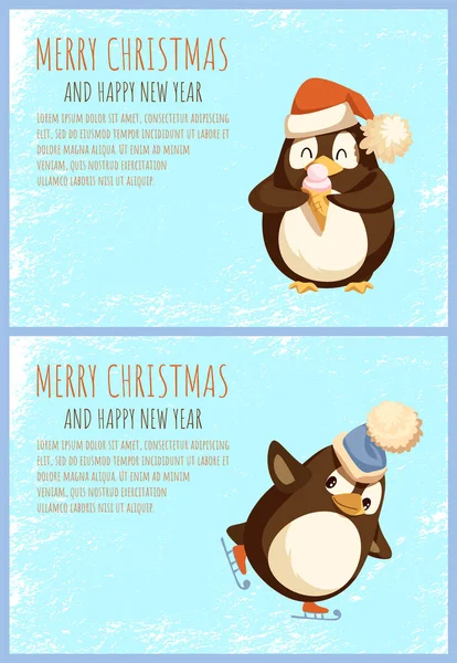 Pingüino con helado y patines, Navidad — Vector de stock