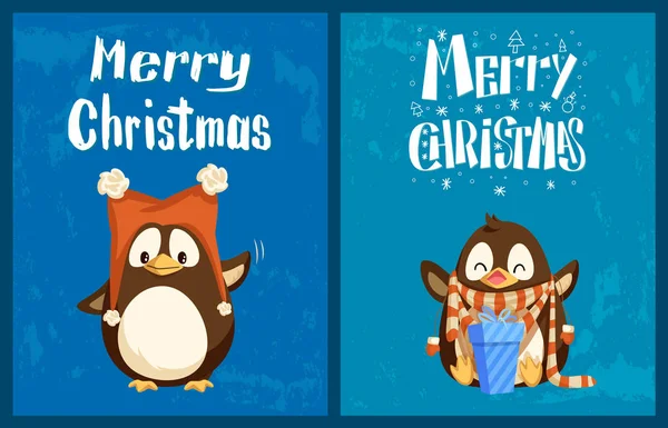Boldog karácsonyi képeslapokat, pingvinek, kalap és sál — Stock Vector
