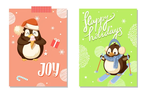 Felices Fiestas y Tarjeta Joy Card con Vector de Pingüino — Vector de stock