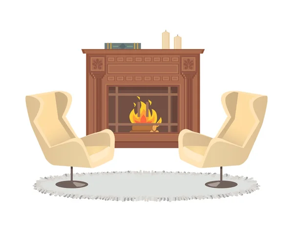 Fireplace with Vase Decoration Armchairs Interior — Stock Vector