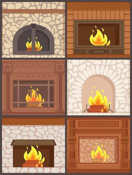 木や石の舗装された炉の暖炉セット — ストックベクタ
