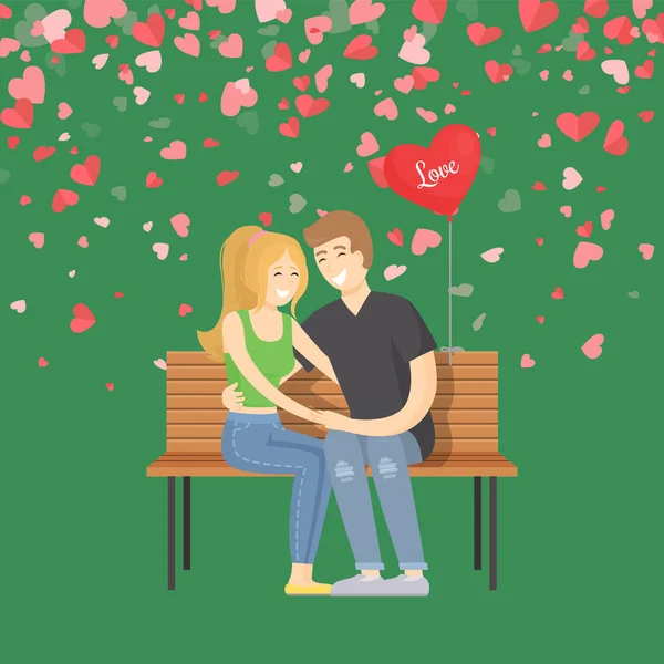 Abraçando homem e mulher no banco, Valentine Vector — Vetor de Stock