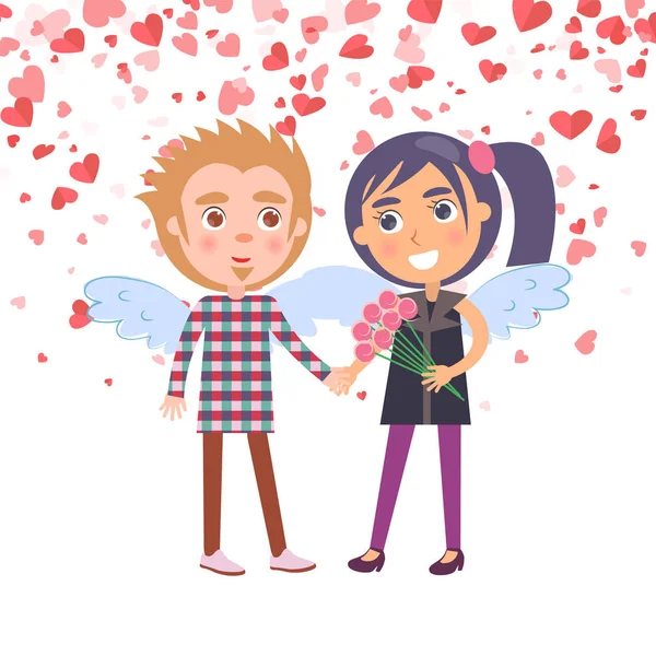 Boy and Girl with Bouquet Couple with Wings Vector — Stock Vector