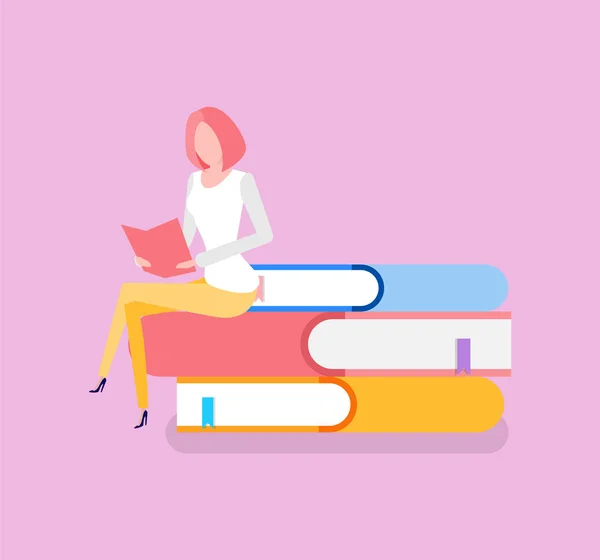 Woman Sitting on Pile of Books Education Knowledge — Stock Vector