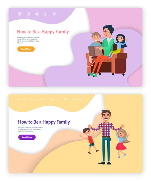 Cómo ser feliz Padre de familia Jugando con niños — Vector de stock