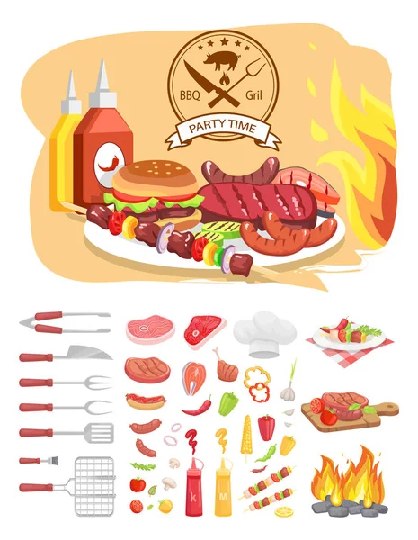 Barbacoas Parrilla Tiempo de fiesta Poster Vector Ilustración — Archivo Imágenes Vectoriales