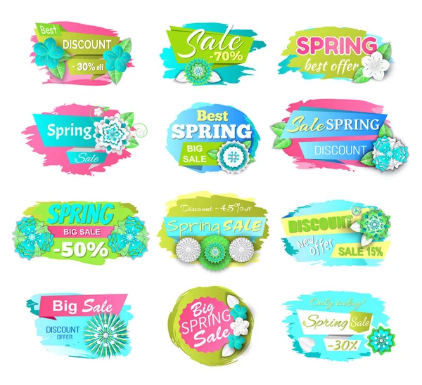 Precio de venta de primavera Etiquetas en pinceladas Primavera — Vector de stock