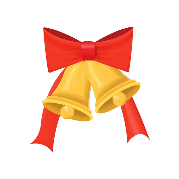 大きな赤弓ベクトルと金のクリスマス光沢のある鐘 — ストックベクタ