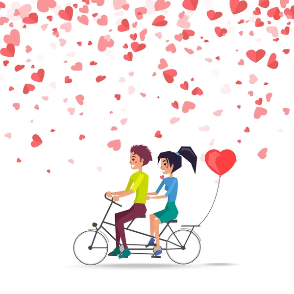 Uomo e donna in sella alla bicicletta con palloncino rosso — Vettoriale Stock