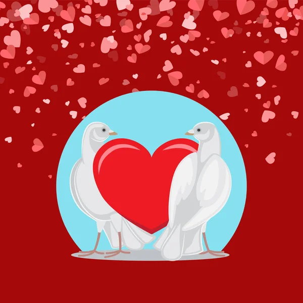 Paar weiße Tauben und rotes Liebessymbol auf blauem Grund — Stockvektor