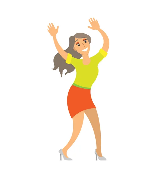 Tanzende Frau schüttelt Körper auf Musik isoliert — Stockvektor