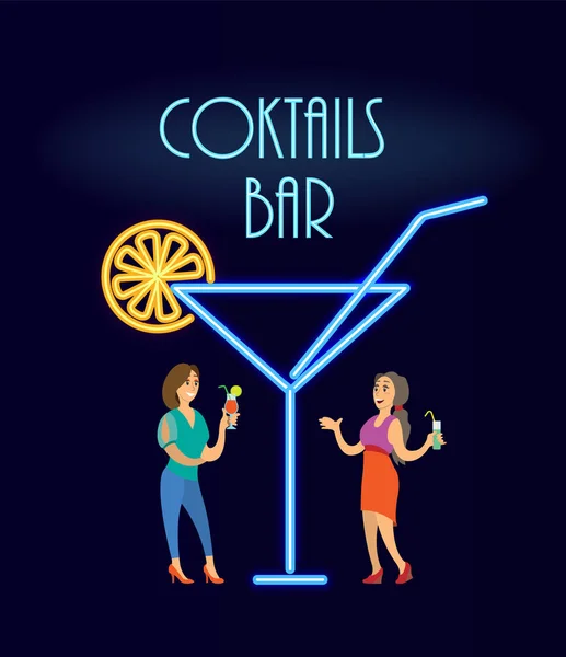 Cocktails Bar Neon, Women in Evening Dress Vector — Stock Vector